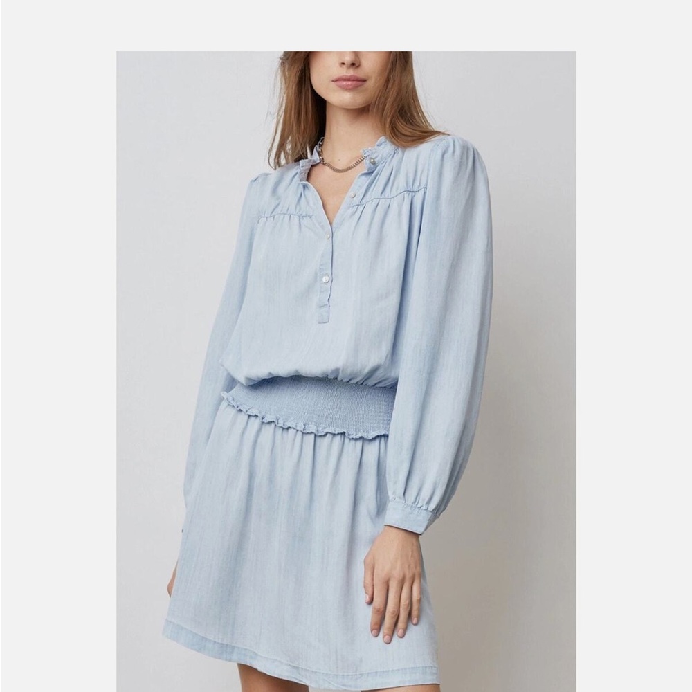 Rails Blue Mini Sundress with Bishop Sleeves and V-Neck